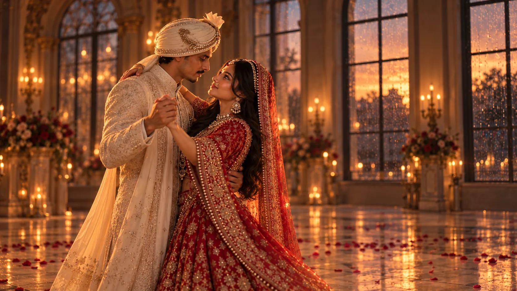 A couple sharing a private dance in warm evening light
