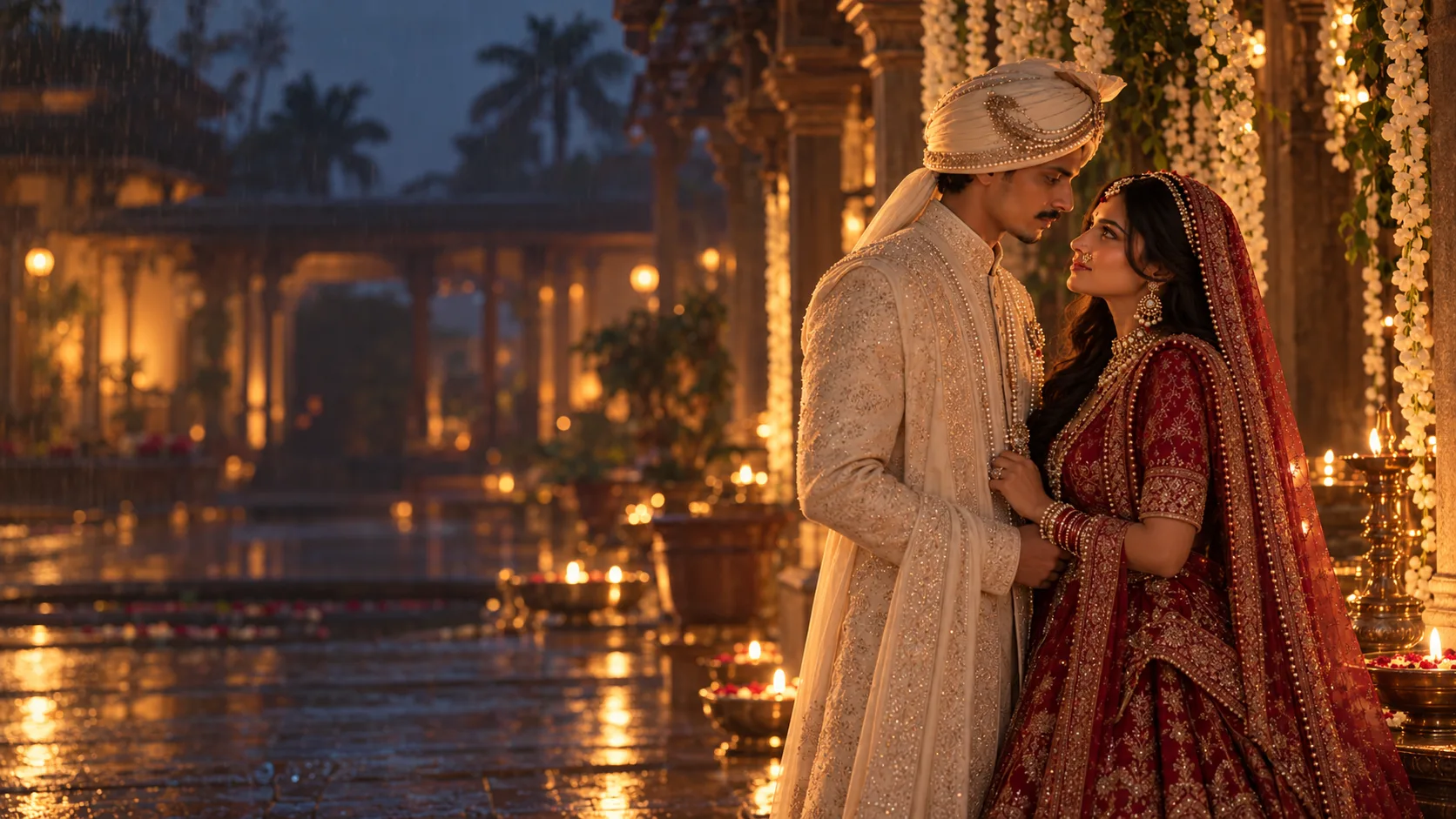 A couple sharing a quiet moment beneath warm wedding lights